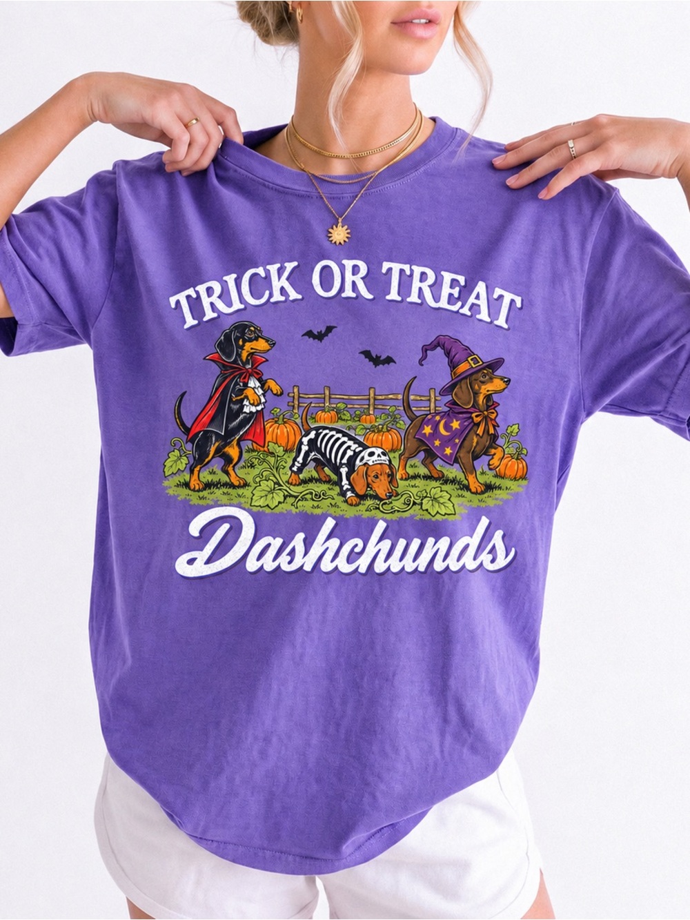 Dachshund Halloween Trick Or Treat Comfort Colors T-Shirt Purple NWT